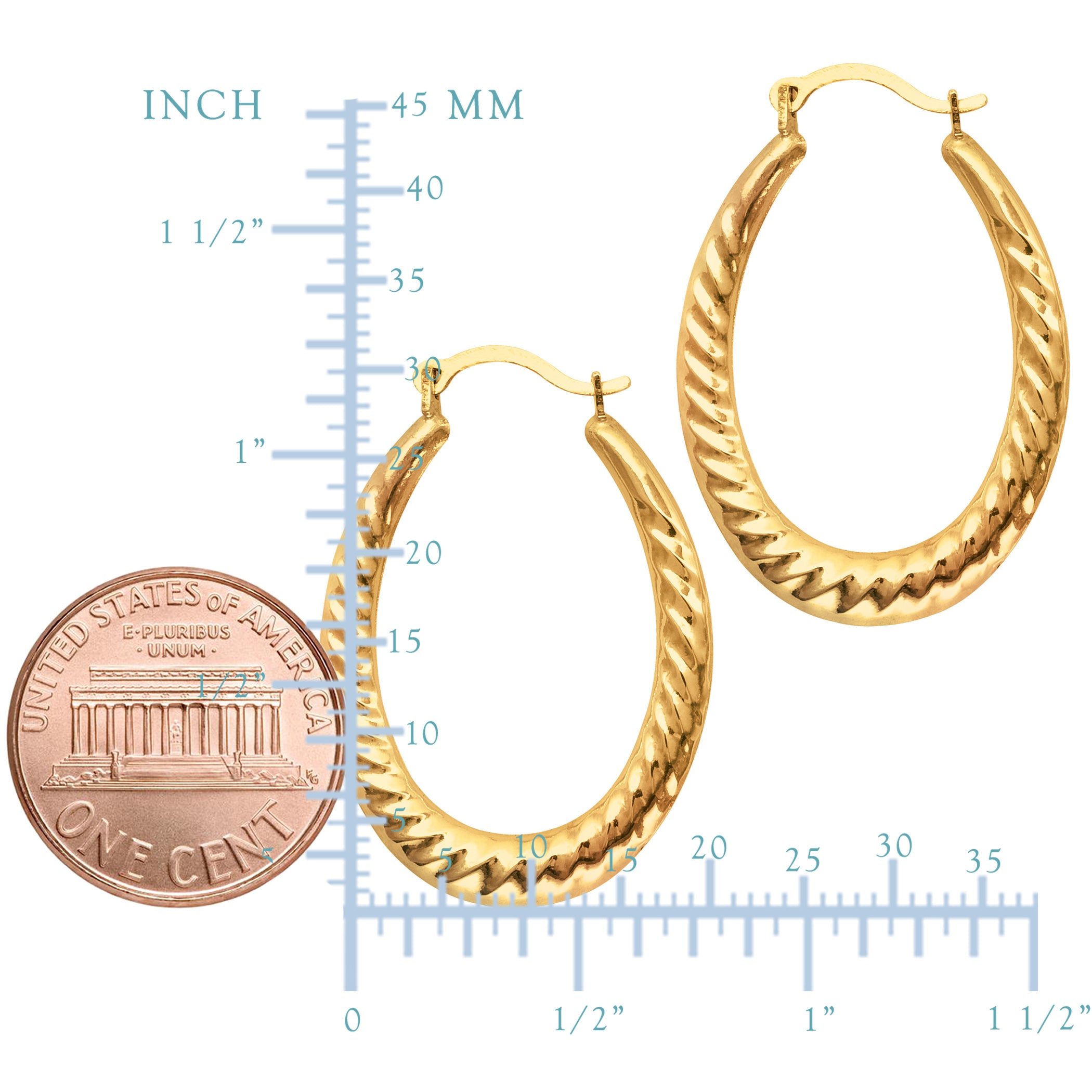 10k Yellow Gold Ridged Oval Shaped Hoop Earrings, Diameter 30mm fine designer jewelry for men and women
