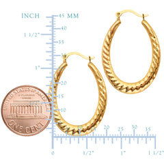 10k Yellow Gold Ridged Oval Shaped Hoop Earrings, Diameter 30mm fine designer jewelry for men and women