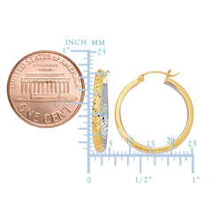 10k 2 Tone Yellow And White Diamond Cut Texture Round Hoop Earrings, Diameter 25mm fine designer jewelry for men and women