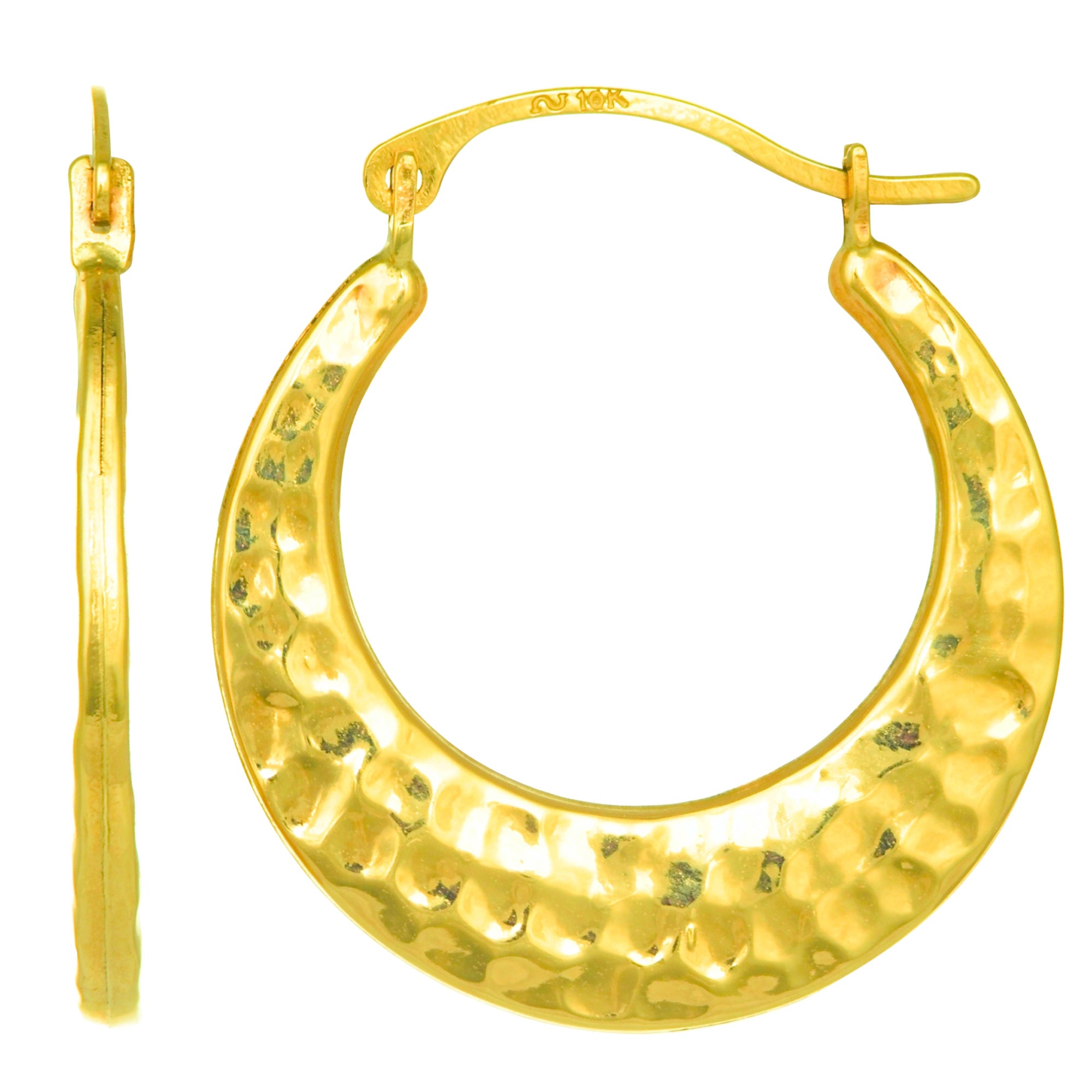 10k Yellow Gold Hammered Round Hoop Earrings, Diameter 20mm fine designer jewelry for men and women