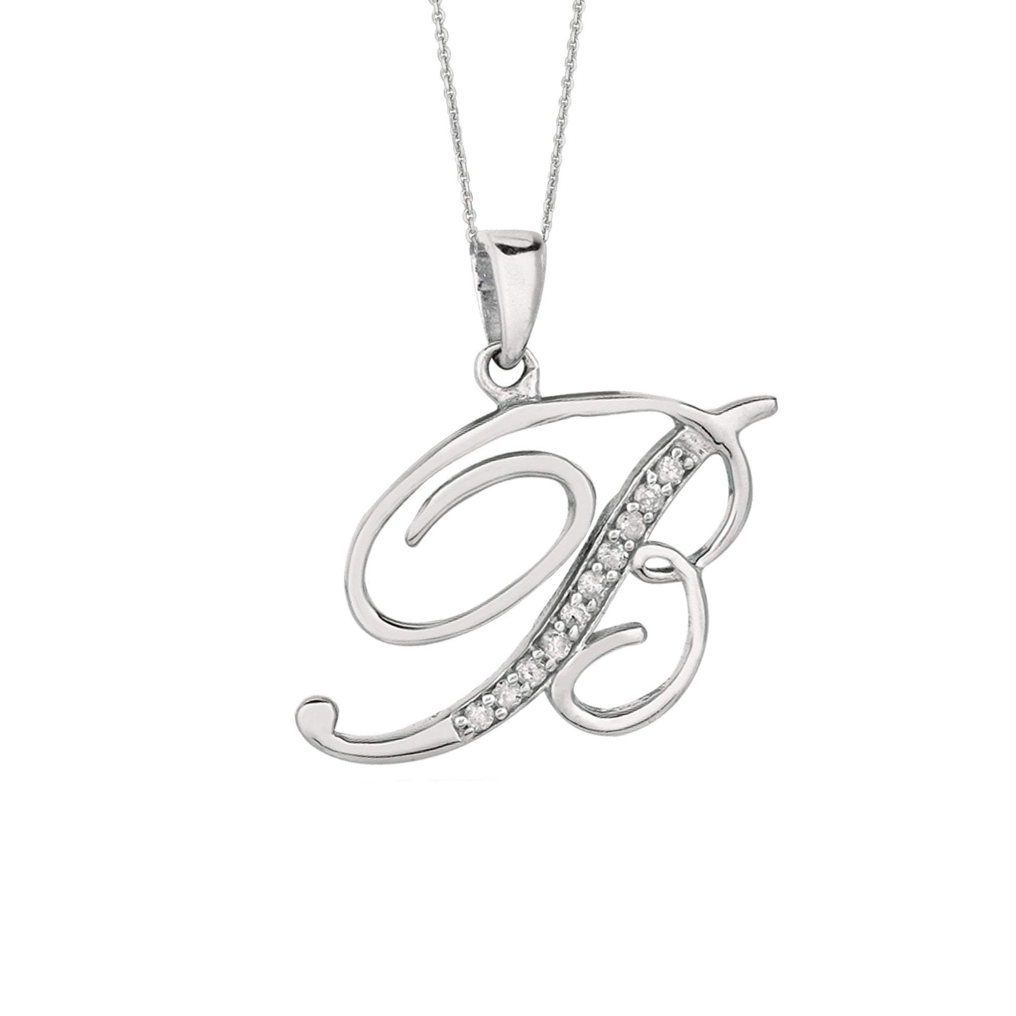 "B" Sterling Silver Rhodium Plated Script Initial Letter With Diamonds On 18 Inch Chain ( 0.05 Tcw)