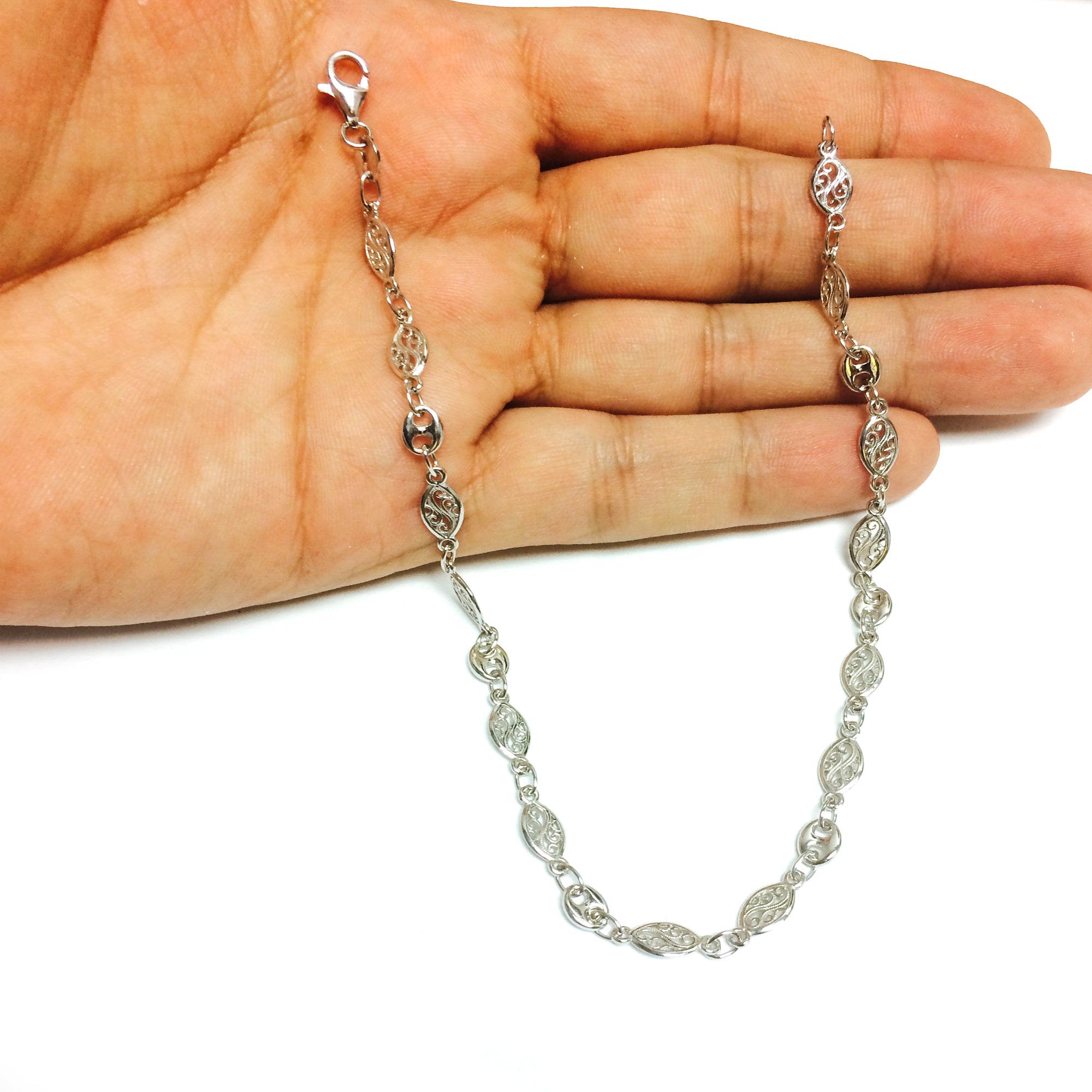 Mixed Filigree And Mariner Link Chain Anklet In Sterling Silver fine designer jewelry for men and women