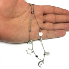 Sterling Silver Star Moon And Disc Charm Elements Adjustable Bolo Friendship Bracelet , 9.25" fine designer jewelry for men and women