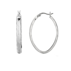 Sterling Silver Rhodium Finish Shiny Textured Finish Oval Hoop Earrings,35mm fine designer jewelry for men and women