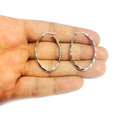 Sterling Silver Rhodium Finish Shiny Textured Finish Oval Hoop Earrings,35mm fine designer jewelry for men and women