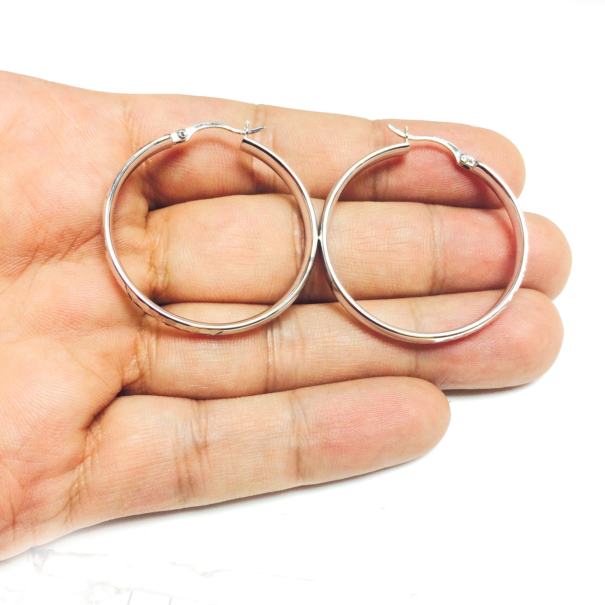 Sterling Silver Rhodium Finish Hammered Finish Hoop Earrings fine designer jewelry for men and women