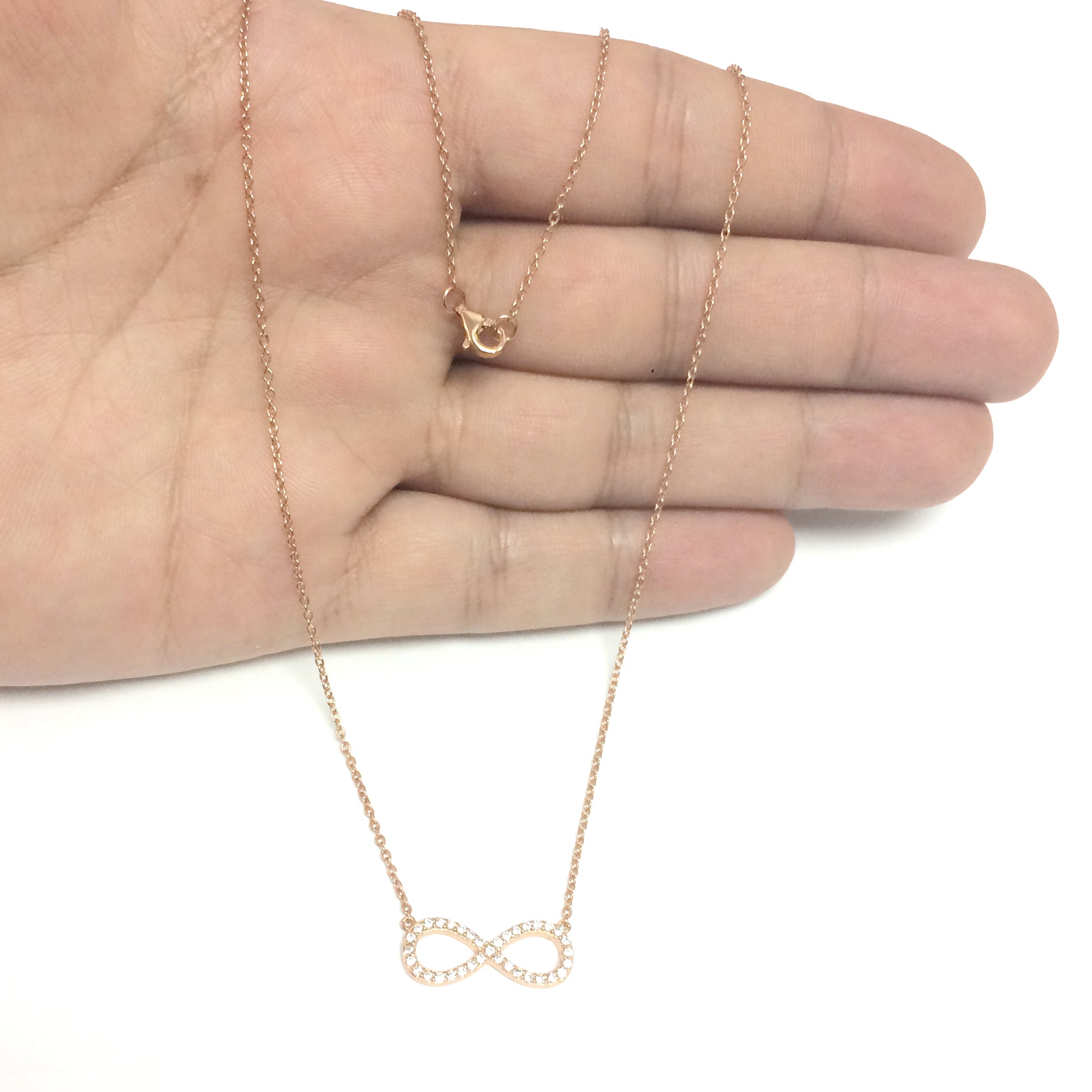 Infinity Sign Link And CZ Necklace In Rose Color Finish Sterling Silver, 18" fine designer jewelry for men and women