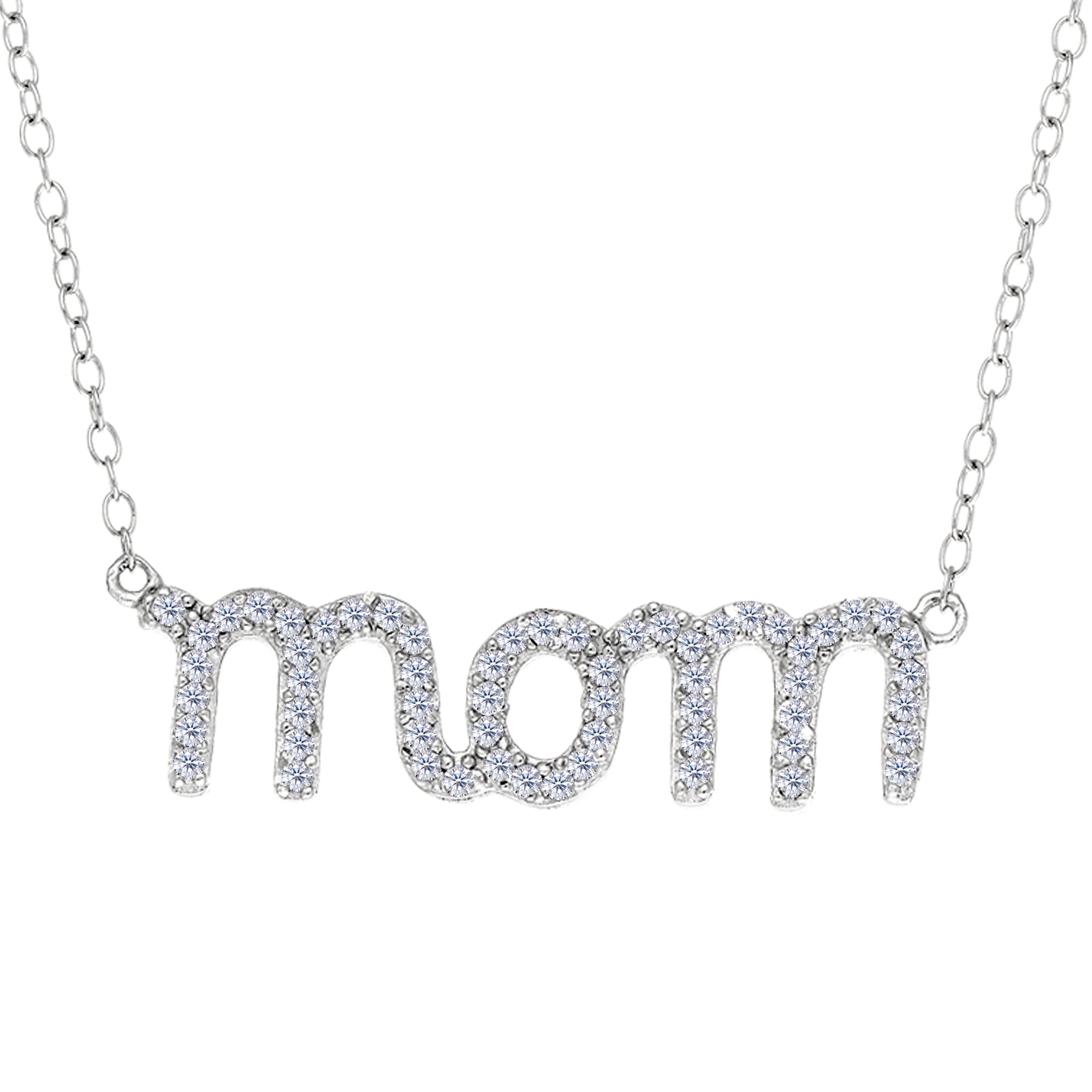 Mom Logo And CZ Necklace In Sterling Silver, 18" fine designer jewelry for men and women
