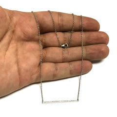 Sterling Silver Sideways Bar Pendant CZ Necklace, 18" fine designer jewelry for men and women