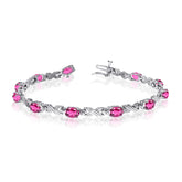 14K White Gold Oval Pink Topaz Stones And Diamonds Tennis Bracelet, 7" fine designer jewelry for men and women