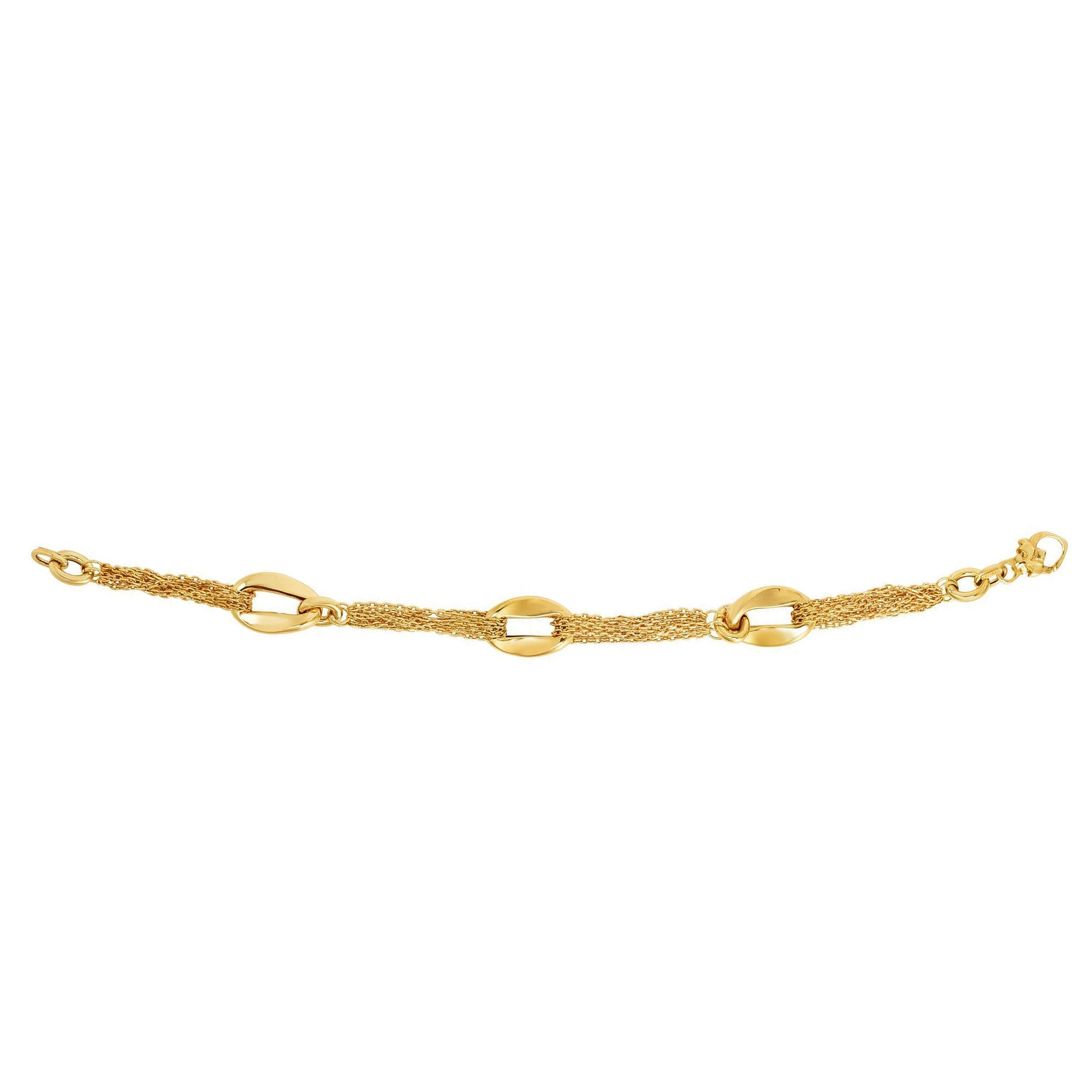 14k Yellow Gold Three Curved Oval Link Multi Stranded Cable Chain Bracelet, 7.5" fine designer jewelry for men and women