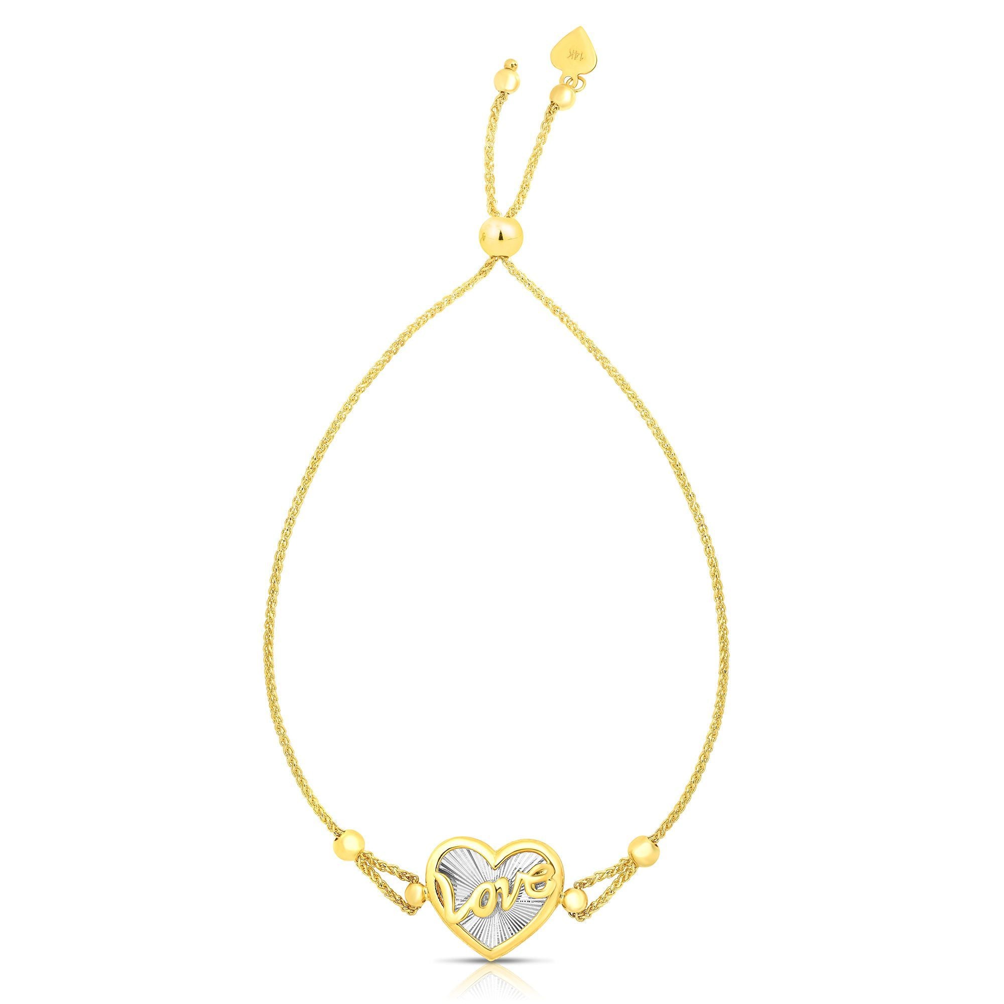 14k Yellow And White Gold Heart Love Charm Adjustable Bracelet, 9.25" fine designer jewelry for men and women