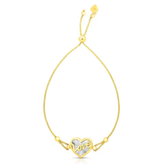 14k Yellow And White Gold Heart Love Charm Adjustable Bracelet, 9.25" fine designer jewelry for men and women