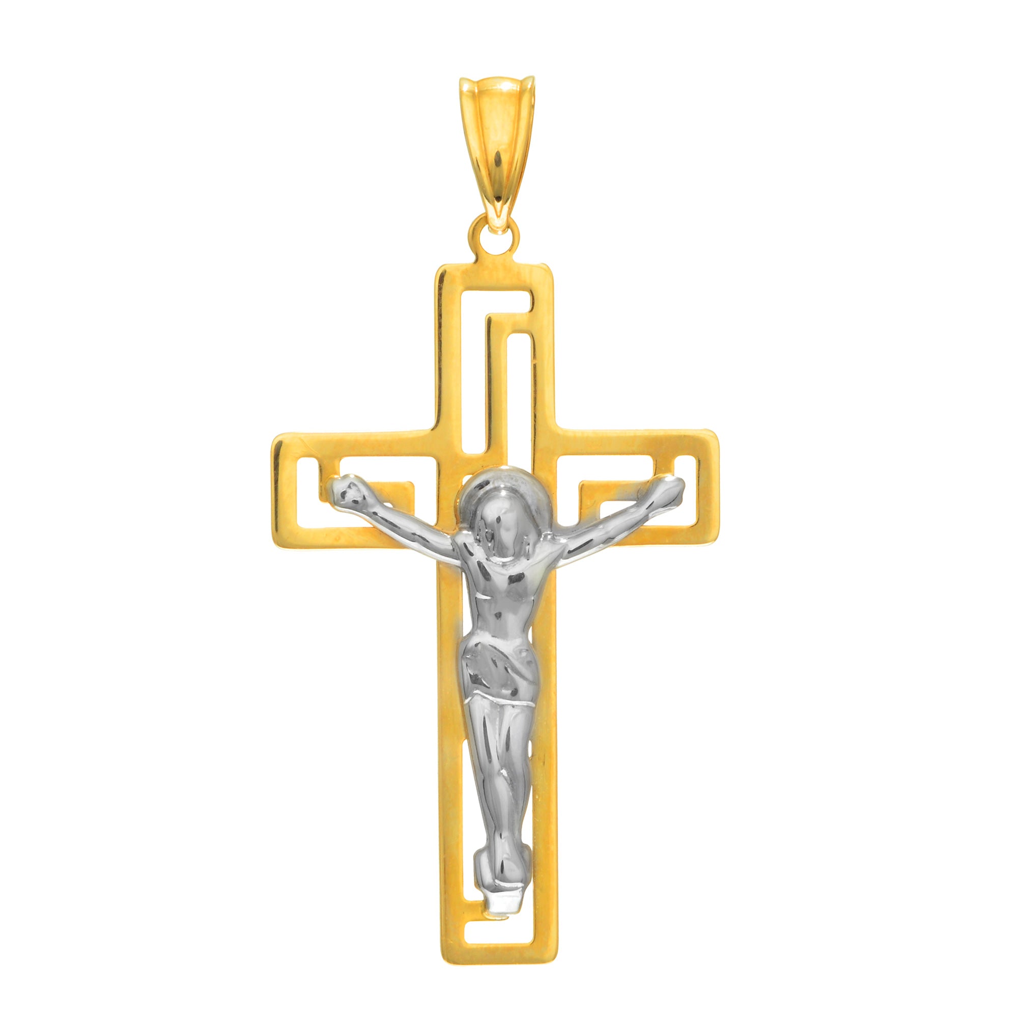 14k 2 Tone Gold Greek Key Style Crucifix Pendant fine designer jewelry for men and women
