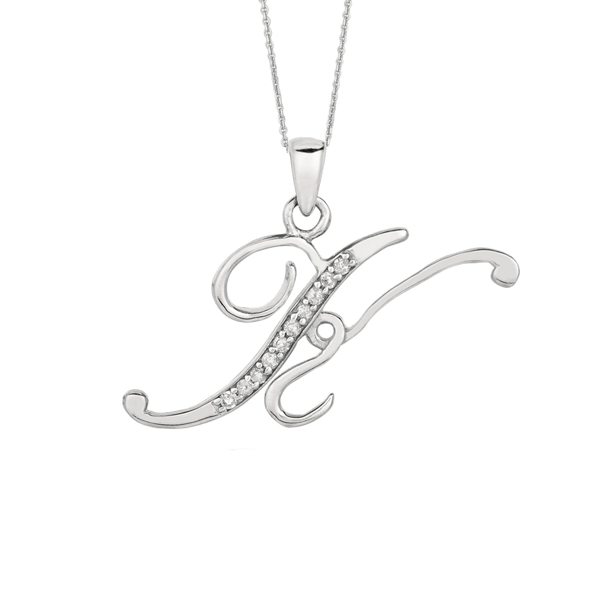 "K" Sterling Silver Rhodium Plated Script Initial Letter With Diamonds On 18 Inch Chain ( 0.05 Tcw) fine designer jewelry for men and women