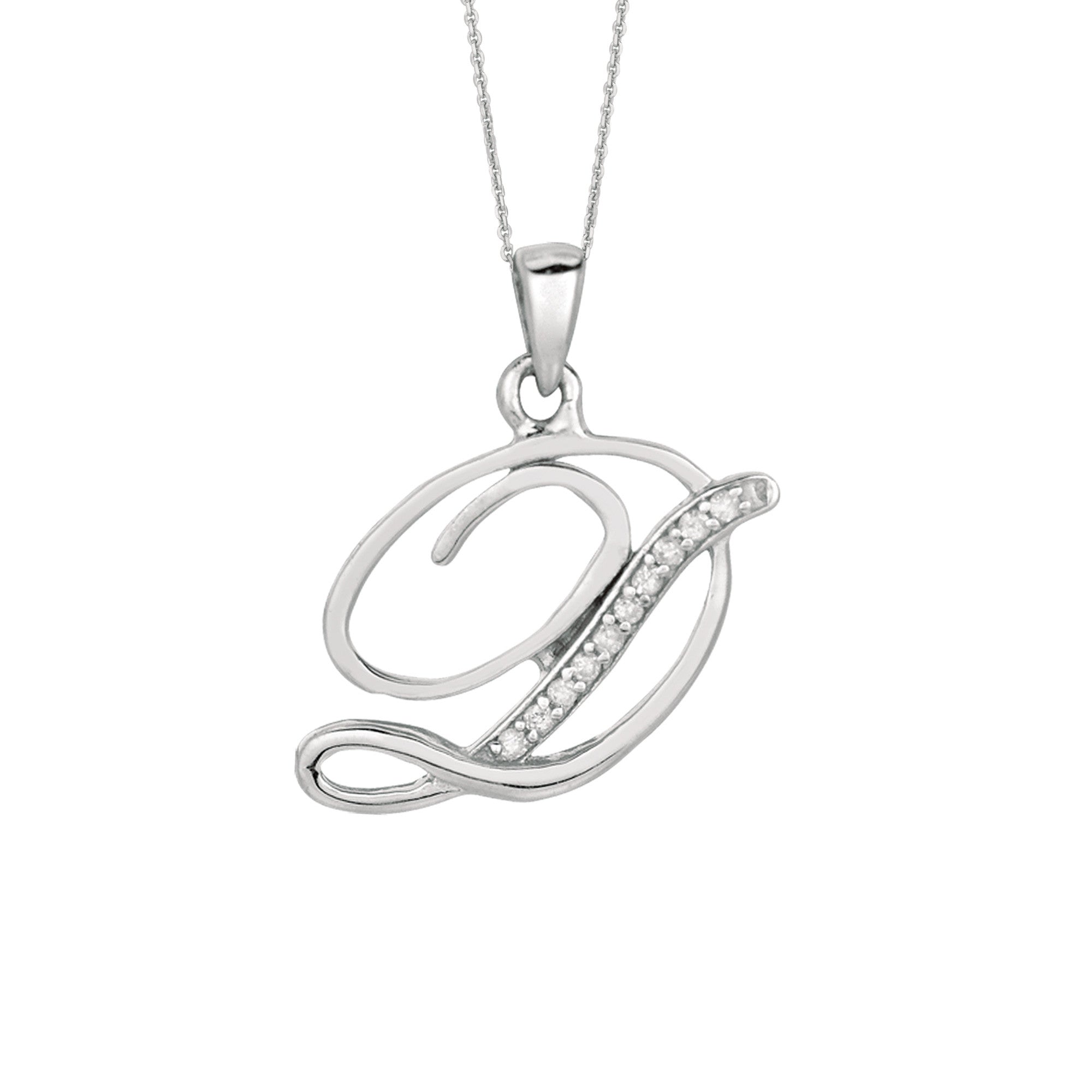 "D" Sterling Silver Rhodium Plated Script Initial Letter With Diamonds On 18 Inch Chain ( 0.05 Tcw) fine designer jewelry for men and women