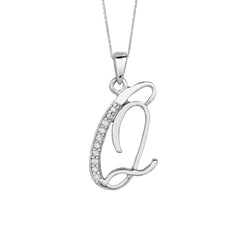 "Q" Sterling Silver Rhodium Plated Script Initial Letter With Diamonds On 18 Inch Chain ( 0.05 Tcw) fine designer jewelry for men and women