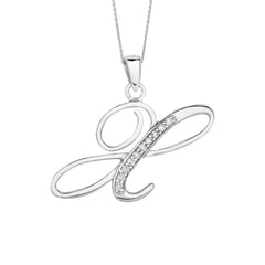 "X" Sterling Silver Rhodium Plated Script Initial Letter With Diamonds On 18 Inch Chain ( 0.05 Tcw) fine designer jewelry for men and women