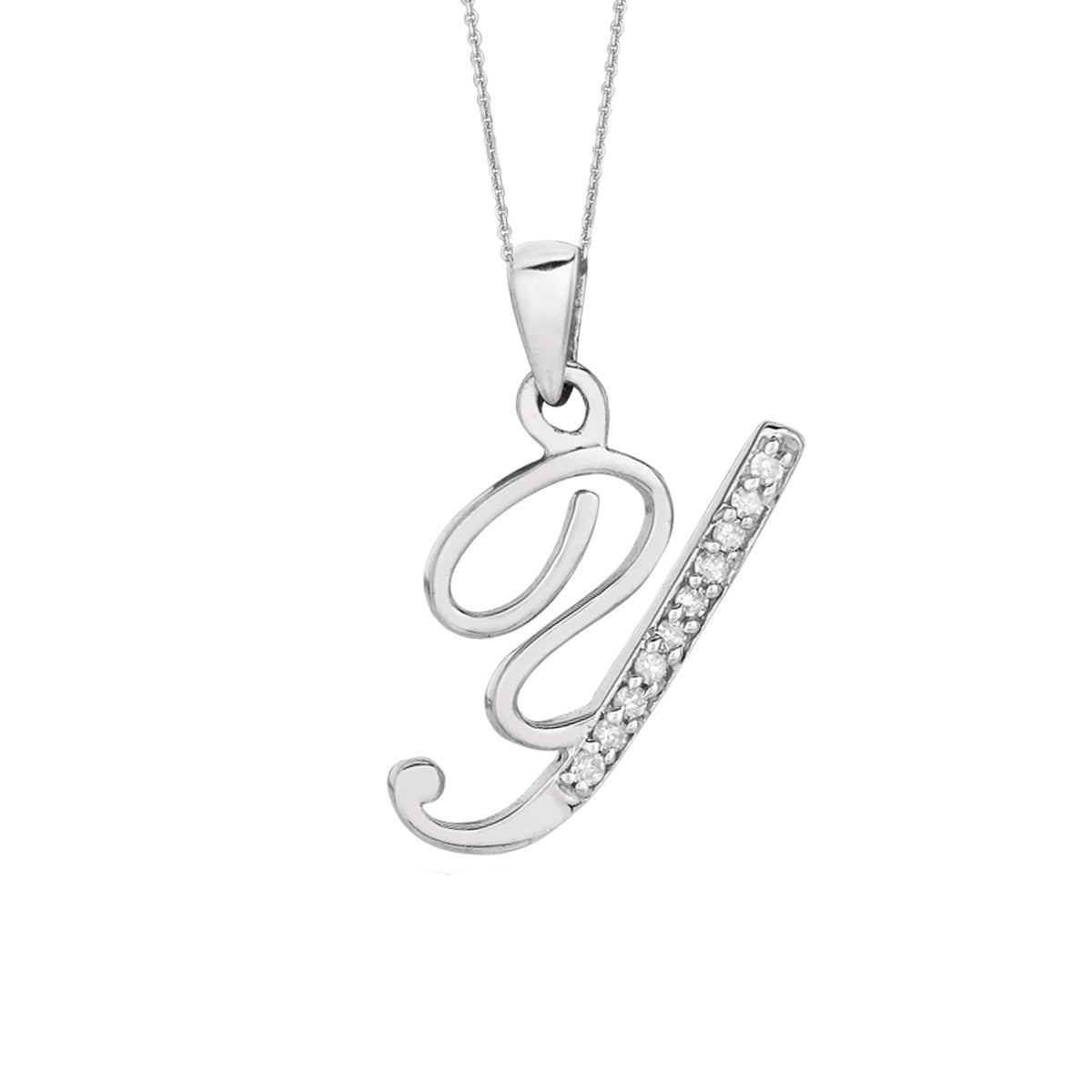 "Y" Sterling Silver Rhodium Plated Script Initial Letter With Diamonds On 18 Inch Chain ( 0.05 Tcw) fine designer jewelry for men and women