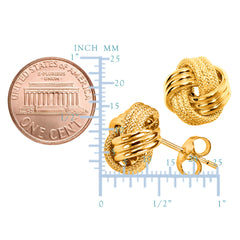 14k Yellow Gold Shiny And Textured Triple Row Love Knot Stud Earrings, 13mm fine designer jewelry for men and women