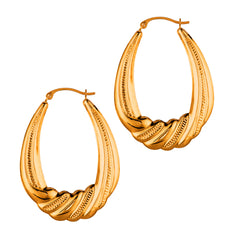 14K Yellow Gold Textured Oval Shape Hoop Earrings, Length 35mm fine designer jewelry for men and women