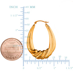 14K Yellow Gold Textured Oval Shape Hoop Earrings, Length 35mm fine designer jewelry for men and women