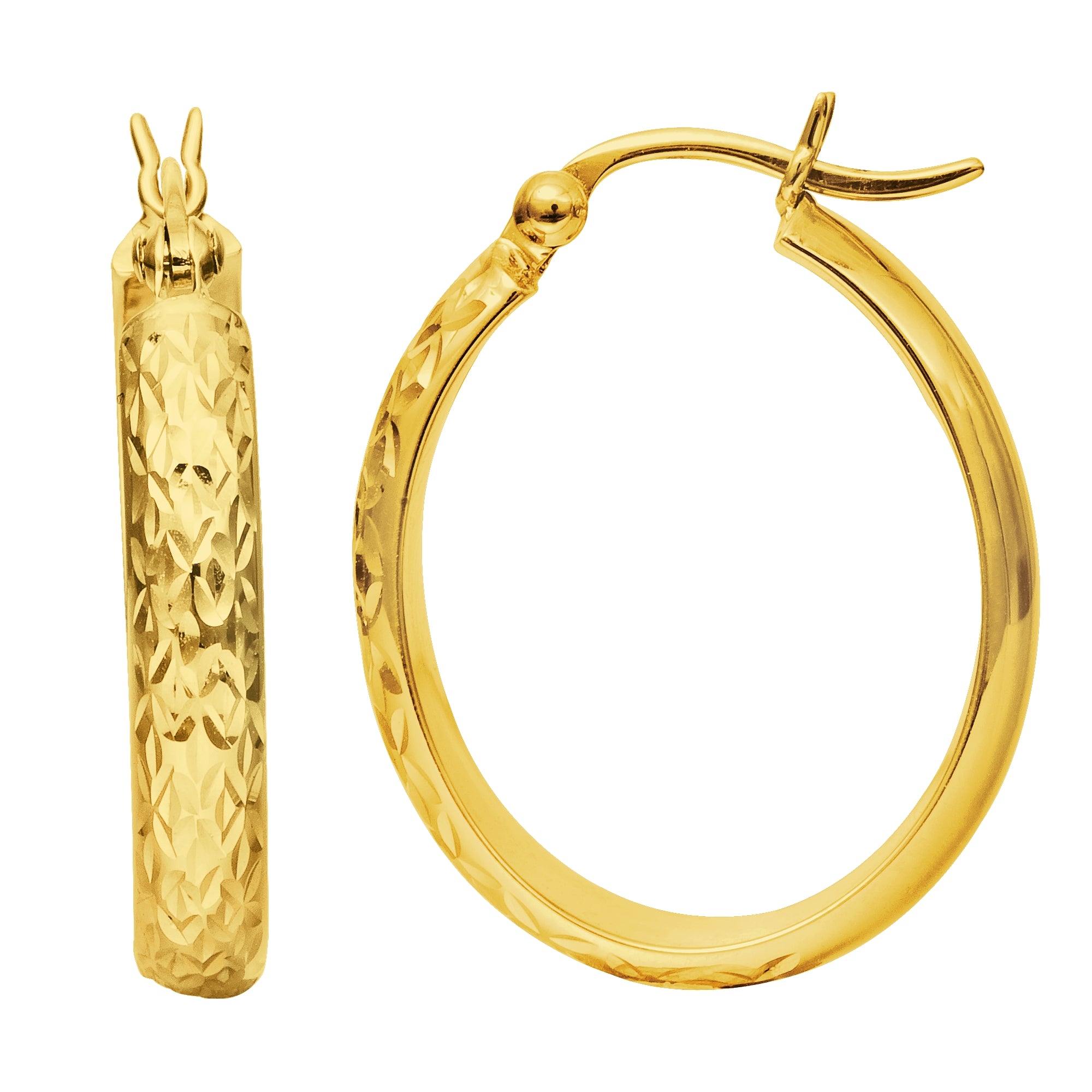 14K Yellow Gold Hammered Polished Oval Hoop Earrings fine designer jewelry for men and women