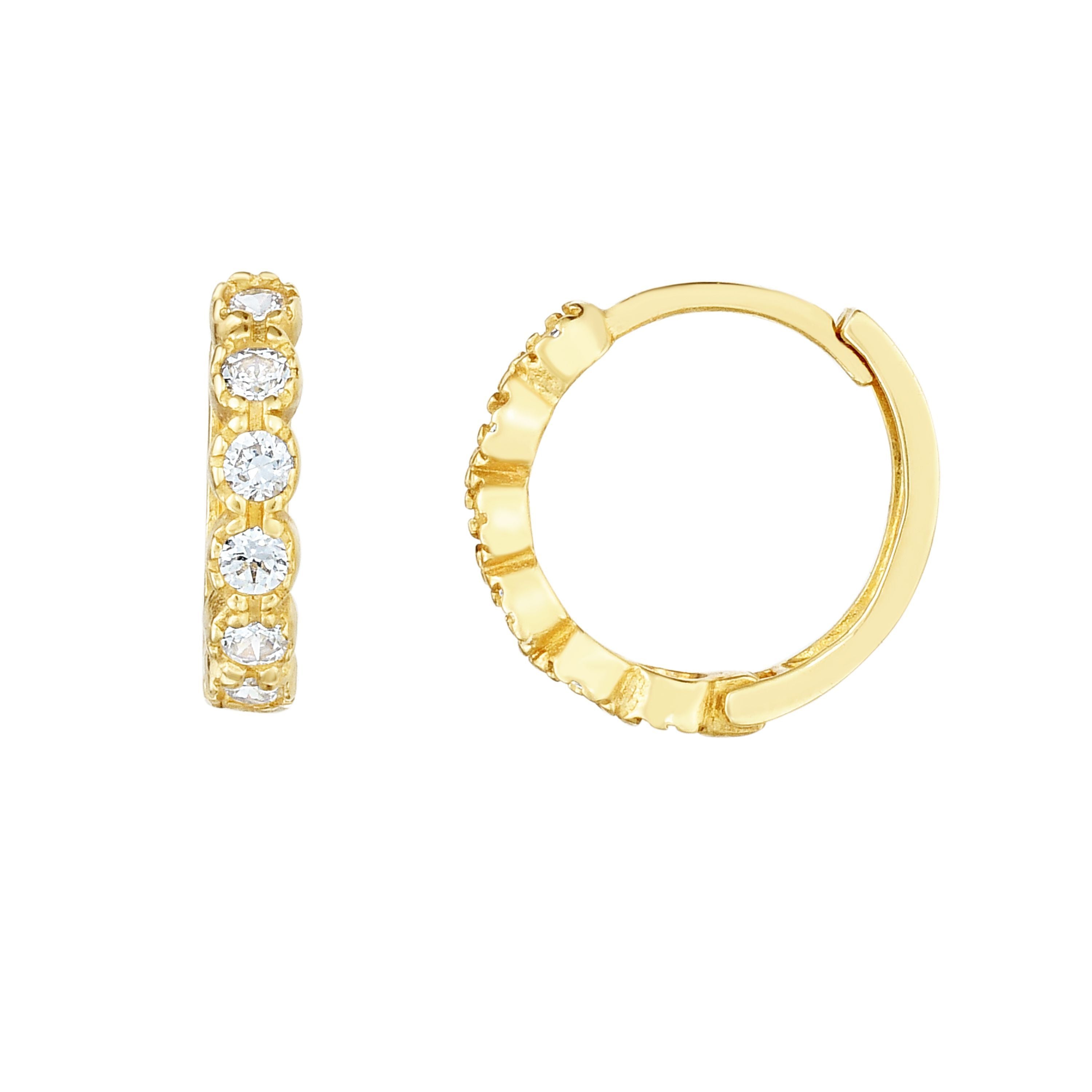 14K Yellow Gold CZ Huggie Hoop Earrings, 12mm fine designer jewelry for men and women