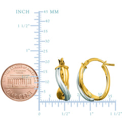 14K Yellow And White Gold Oval Shape Double Row Twisted Hoop Earrings fine designer jewelry for men and women