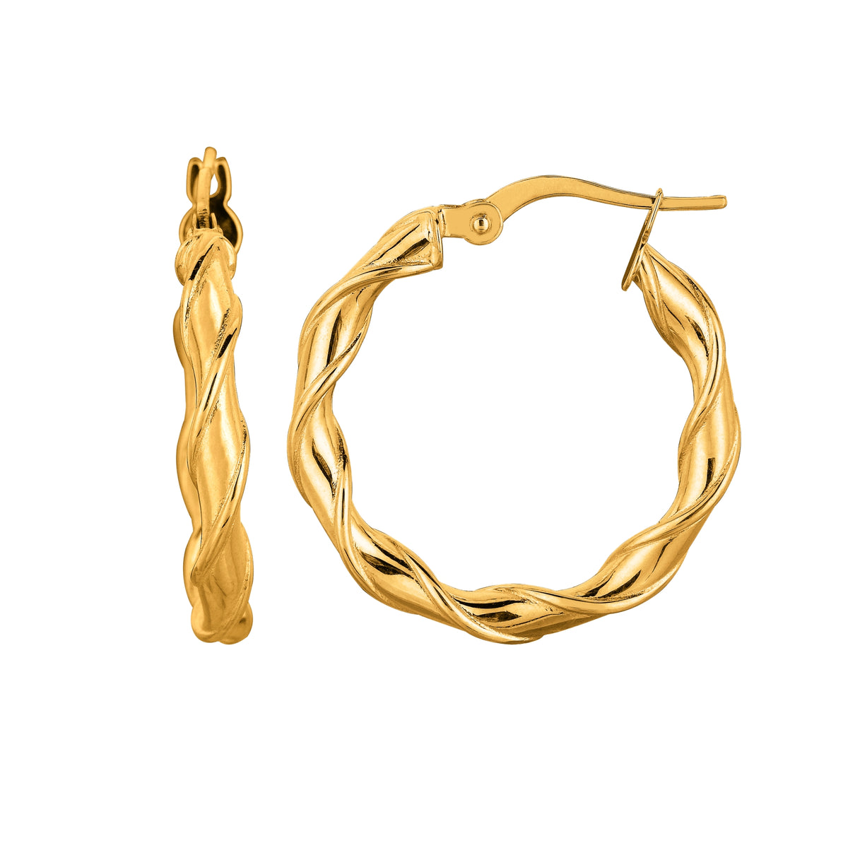 14K Yellow Gold Round Type Twisted Hoop Earrings, Diameter 24mm fine designer jewelry for men and women