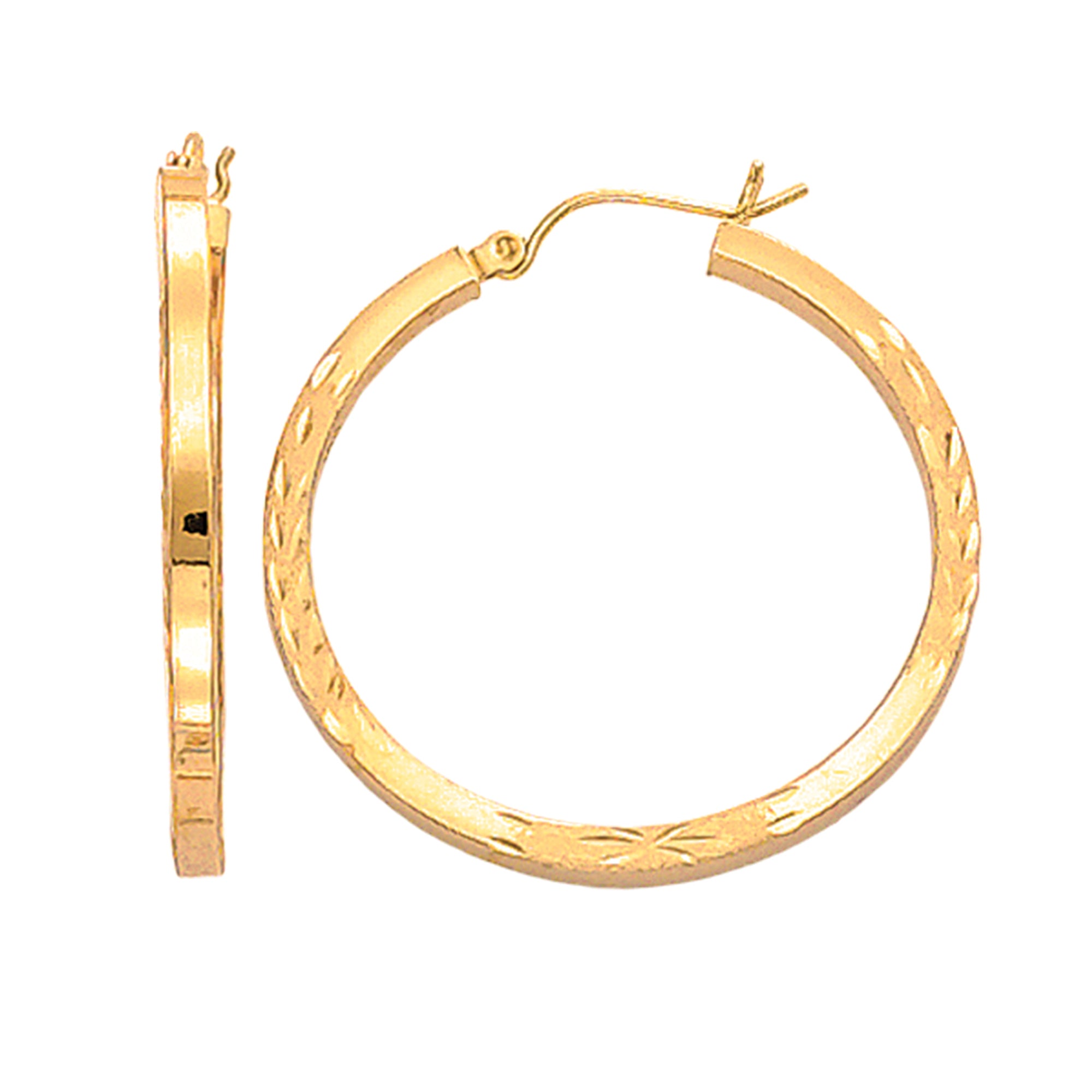 14K Yellow Gold Diamond Cut Square Tube Hoop Earrings, Diameter 35mm fine designer jewelry for men and women