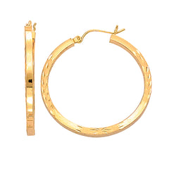 14K Yellow Gold Diamond Cut Square Tube Hoop Earrings, Diameter 35mm fine designer jewelry for men and women