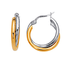 14K Yellow And White Gold Two Tone Double Hoop Earrings, Diameter 24mm fine designer jewelry for men and women