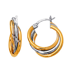 14K Yellow And White Gold Two Tone Triple Row Hoop Earrings, Diameter 20mm fine designer jewelry for men and women