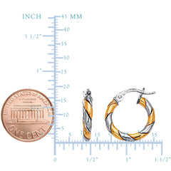 14K Yellow And White Gold Two Tone Small Twisted Hoop Earrings, Diameter 17mm fine designer jewelry for men and women