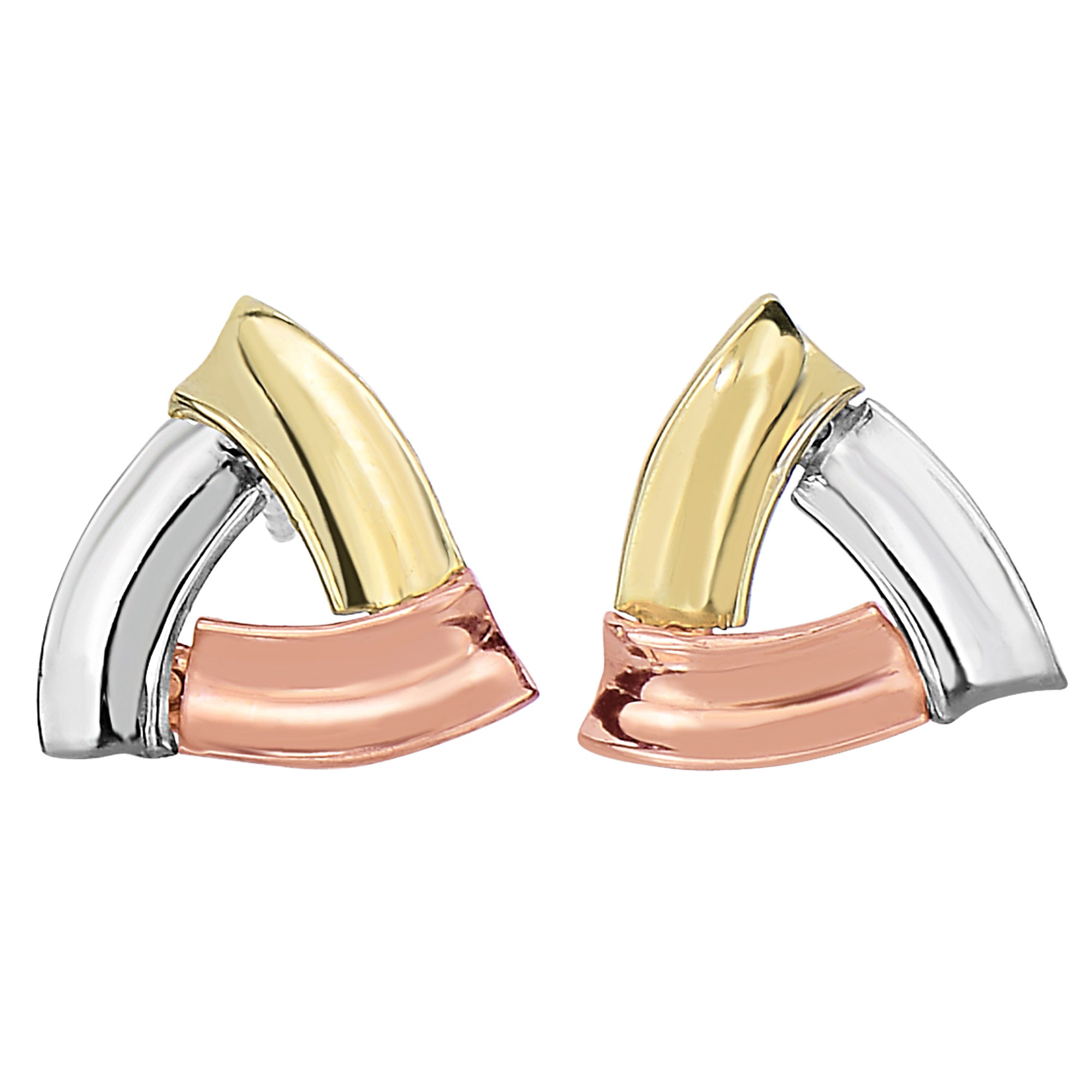 14k Tricolor Yellow Rose And White Gold Open Triangle Shaped Stud Earrings, 10mm fine designer jewelry for men and women