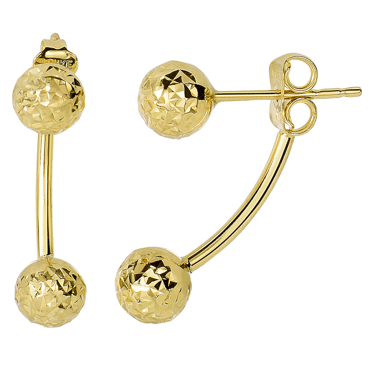 14k Yellow Hammered Finish Gold Front And Back Double Ball Belly Ring Style Earrings, 6mm fine designer jewelry for men and women