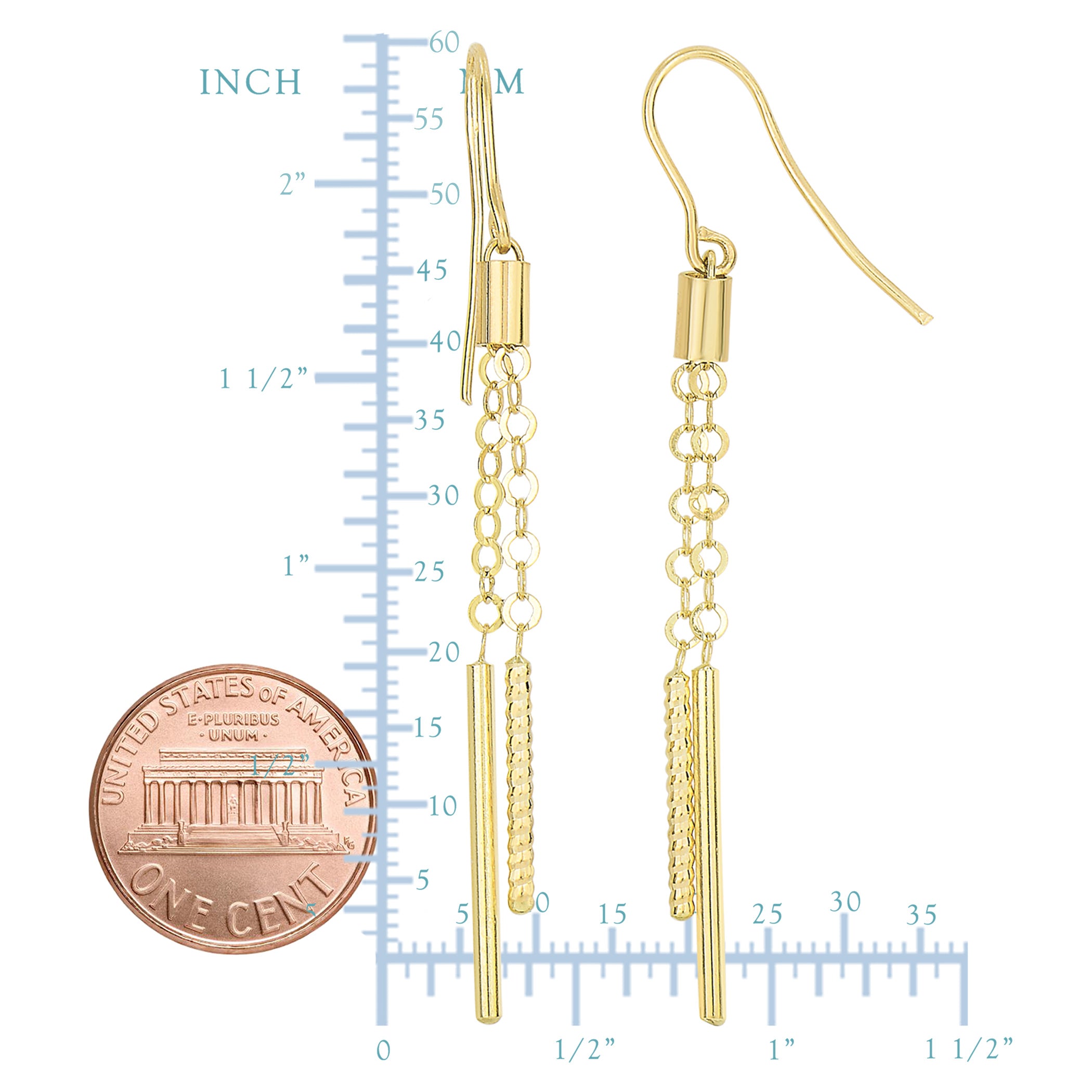 14K Yellow Gold Shiny And Diamond Cut Cylinders On Chain Drop Earrings fine designer jewelry for men and women