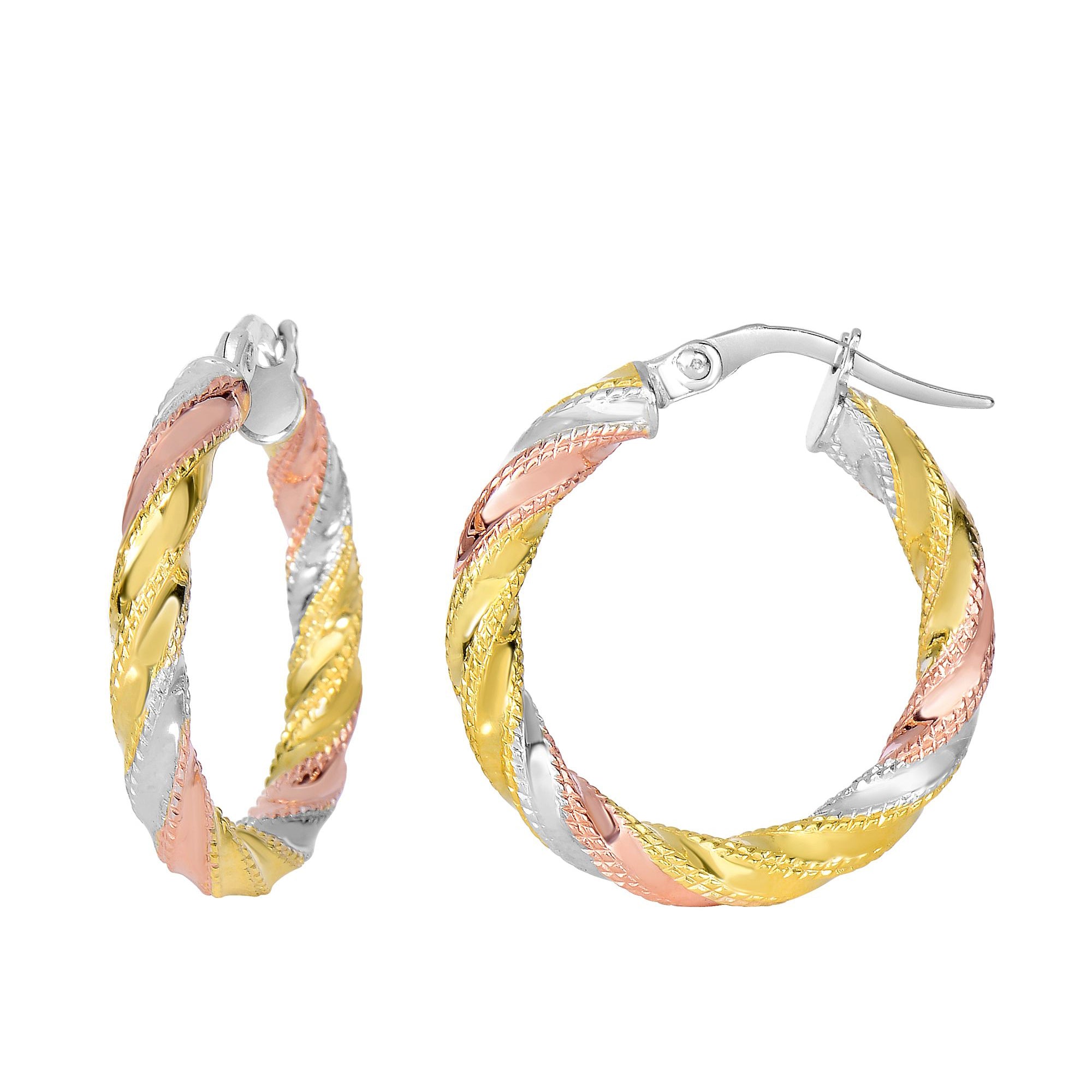 14K Yellow And White Rose Gold Twisted Round Hoop Earrings, Diameter 20mm fine designer jewelry for men and women