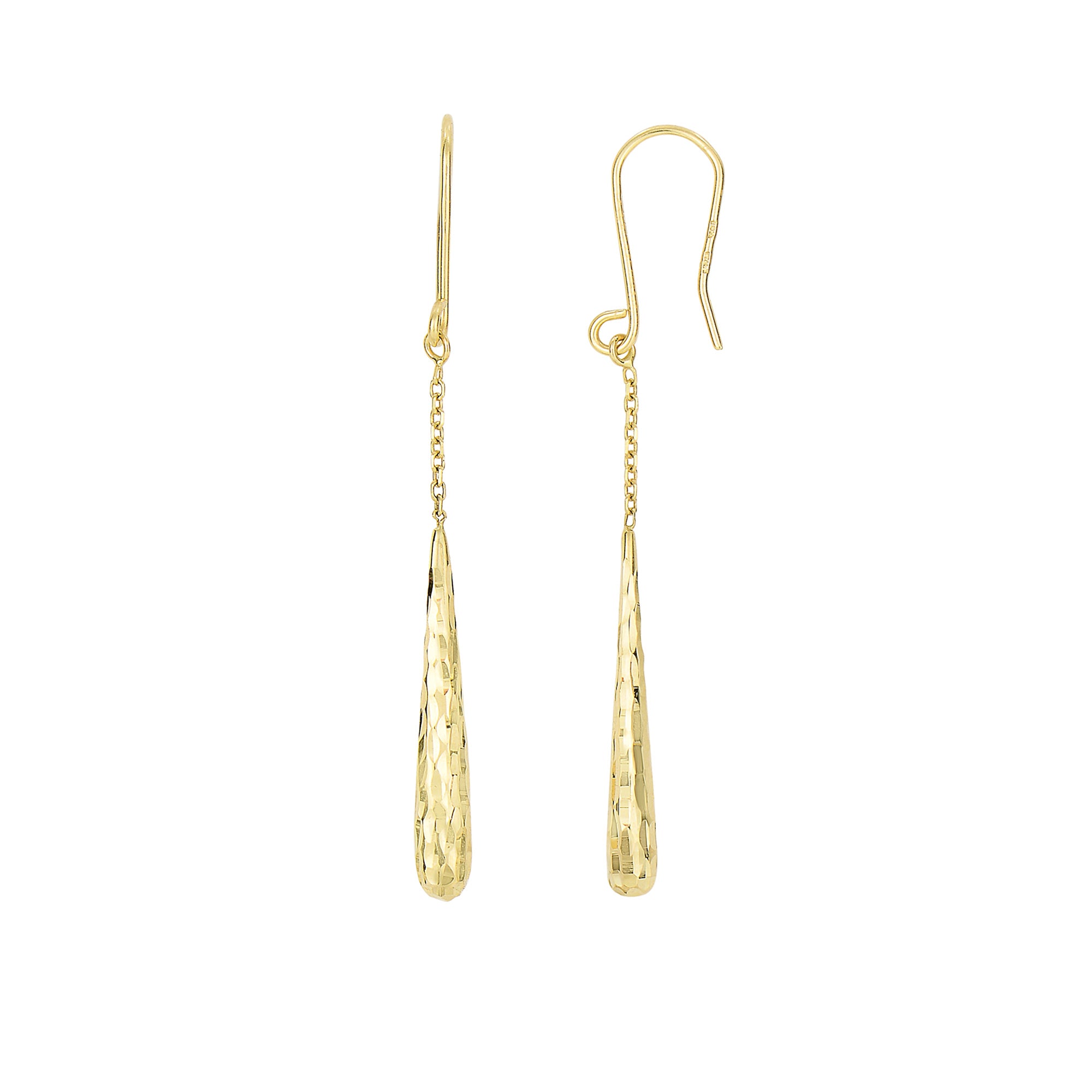 14K Yellow Gold Diamond Cut Long Teardrop Drop Earrings fine designer jewelry for men and women