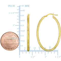 14K Yellow Gold Shiny Square Textured Oval Hoop Earrings fine designer jewelry for men and women