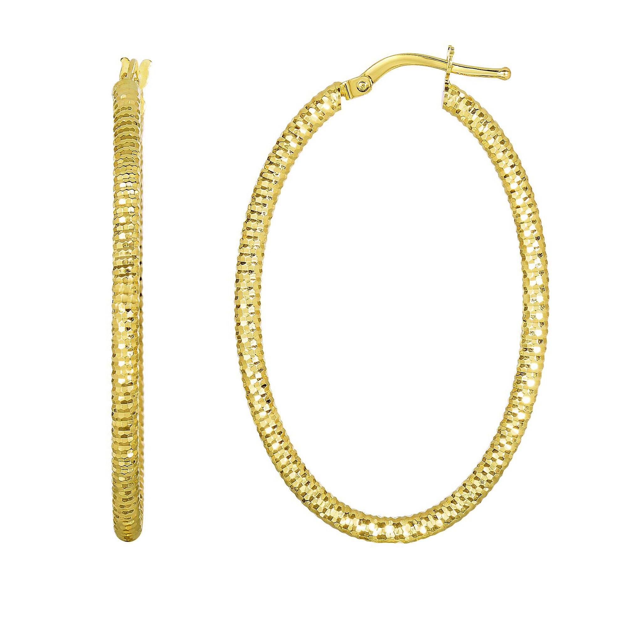 14K Yellow Gold Hanging Shiny Open Square Textured Open Oval Drop Earring fine designer jewelry for men and women