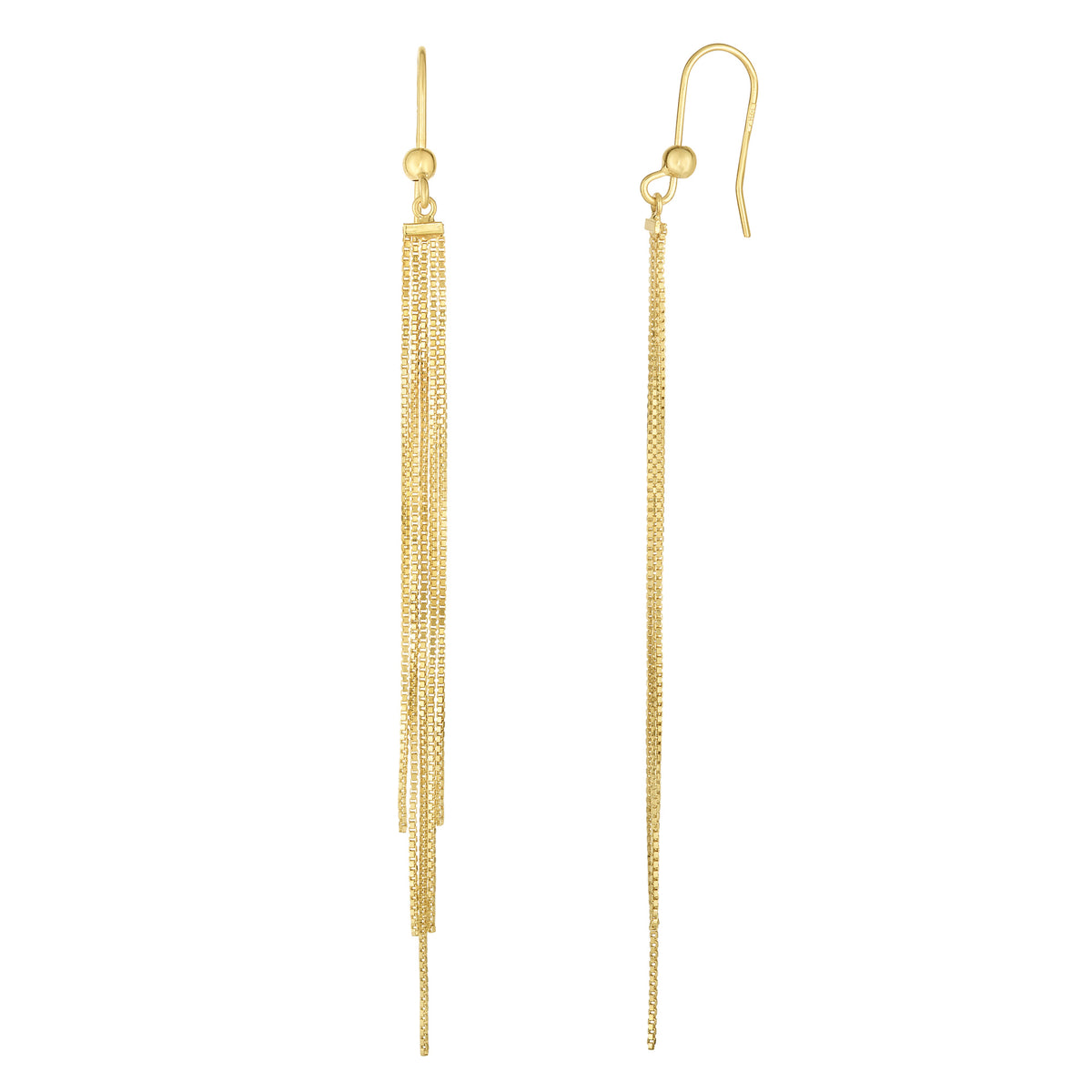 14K Yellow Gold 5 Strand Box Chain Tassel Drop Earrings fine designer jewelry for men and women