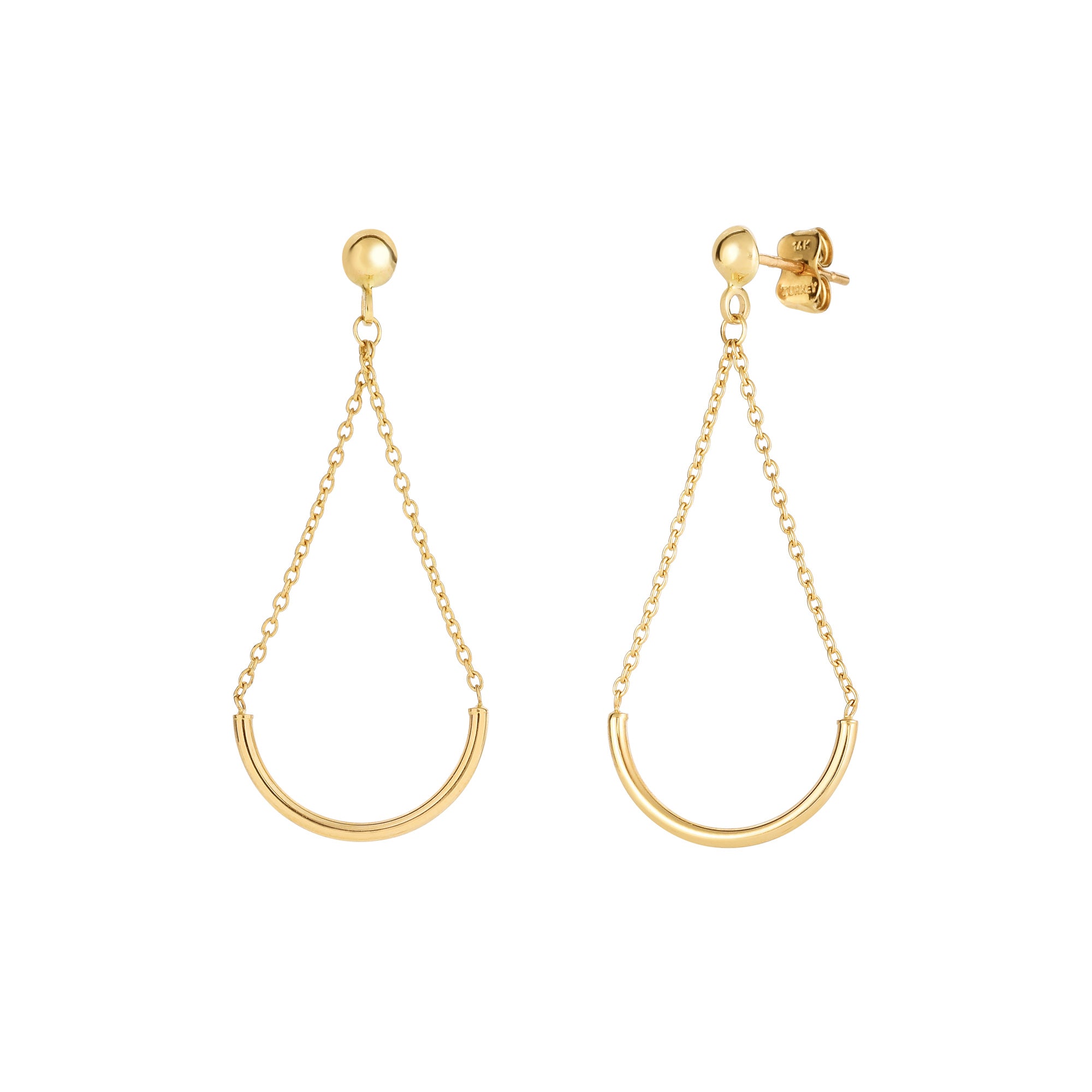 14K Yellow Gold Half Circle Bar Hanging On Chain Drop Earrings fine designer jewelry for men and women