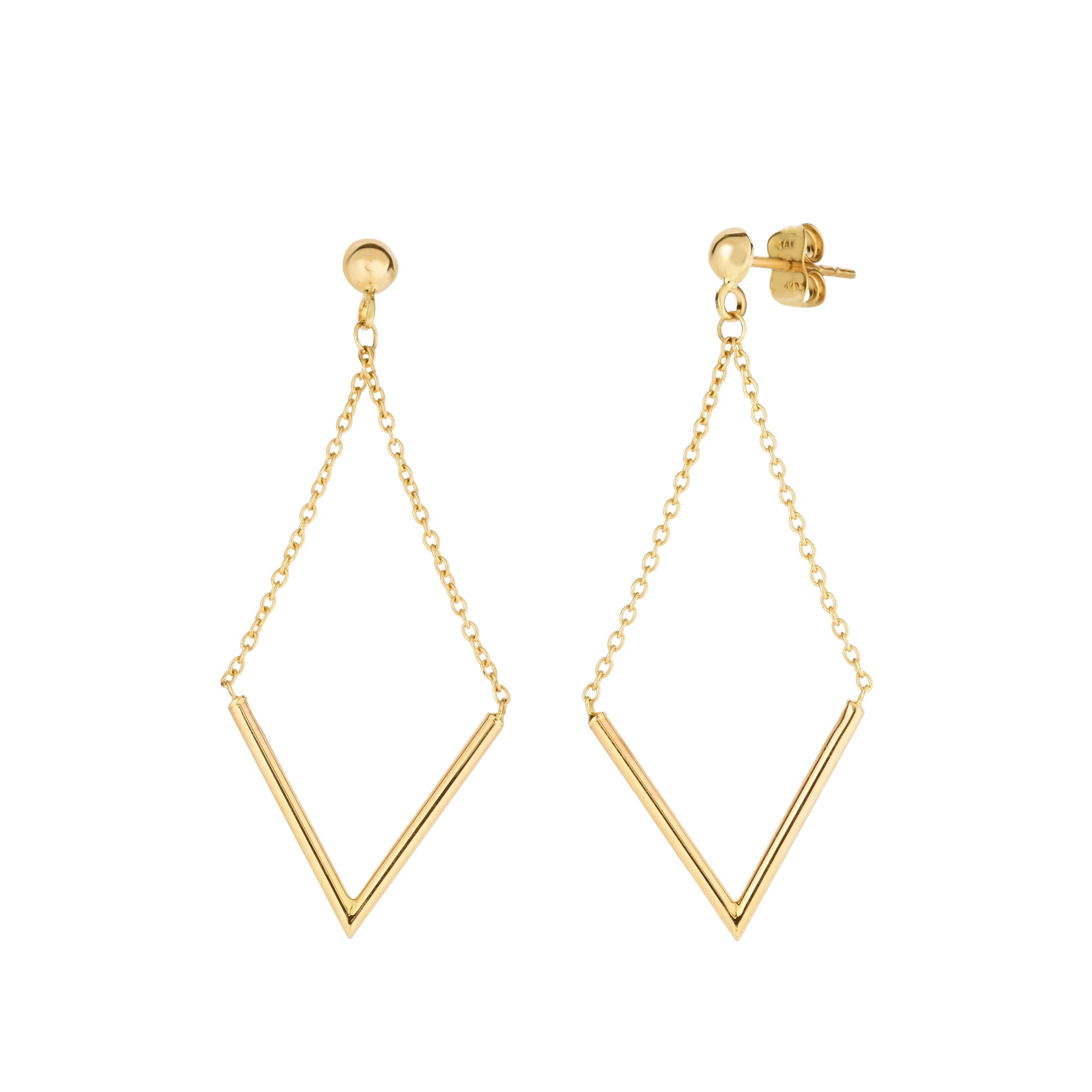 14K Yellow Gold V Shape Bar Hanging On Chain Drop Earrings fine designer jewelry for men and women
