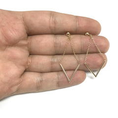 14K Yellow Gold V Shape Bar Hanging On Chain Drop Earrings fine designer jewelry for men and women