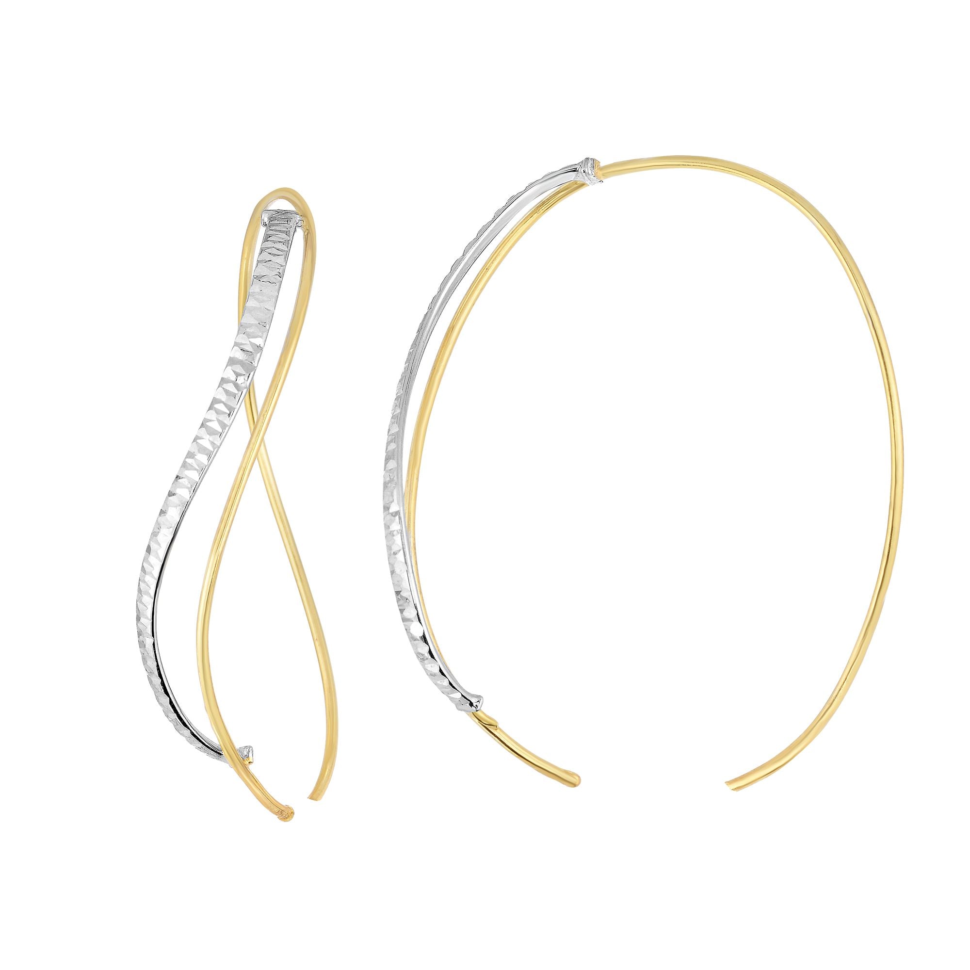 14k Yellow And White Gold Diamond Cut Single Tube Into Double Oval Hoop Earrings fine designer jewelry for men and women