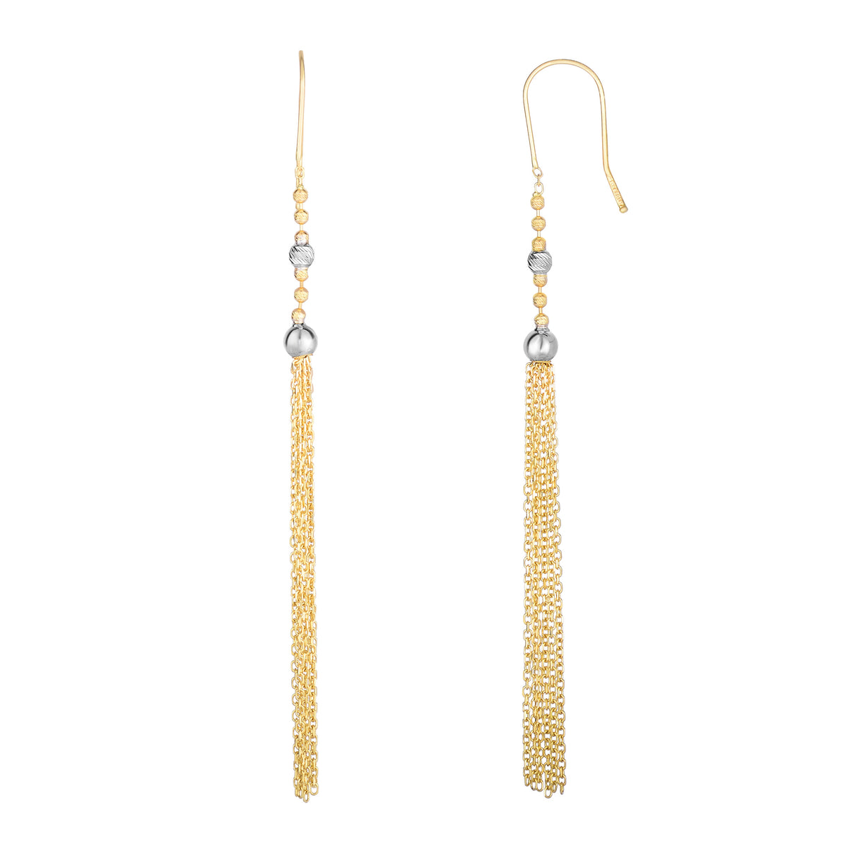 14K Two Tone Gold Diamond Cut Beads With Cable Chain Tassel Drop Earrings fine designer jewelry for men and women
