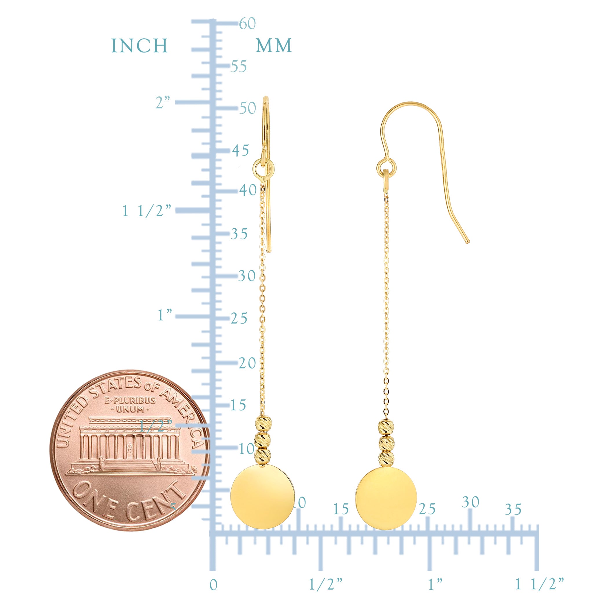 14K Yellow Gold Diamond Cut Bead With Flat Shiny Disc Drop Earrings fine designer jewelry for men and women