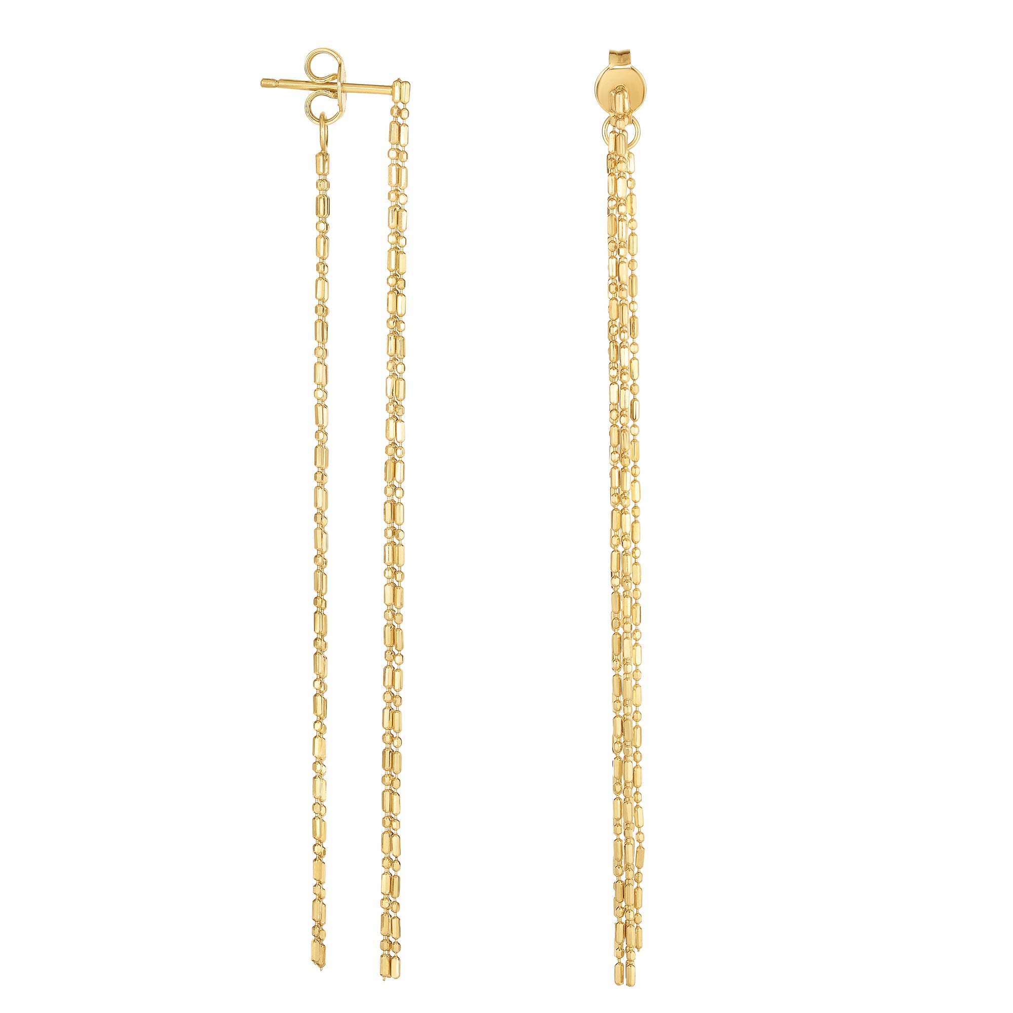 14K Yellow Gold Diamond Cut Bead Chain Front And Back Style Drop Earrings fine designer jewelry for men and women